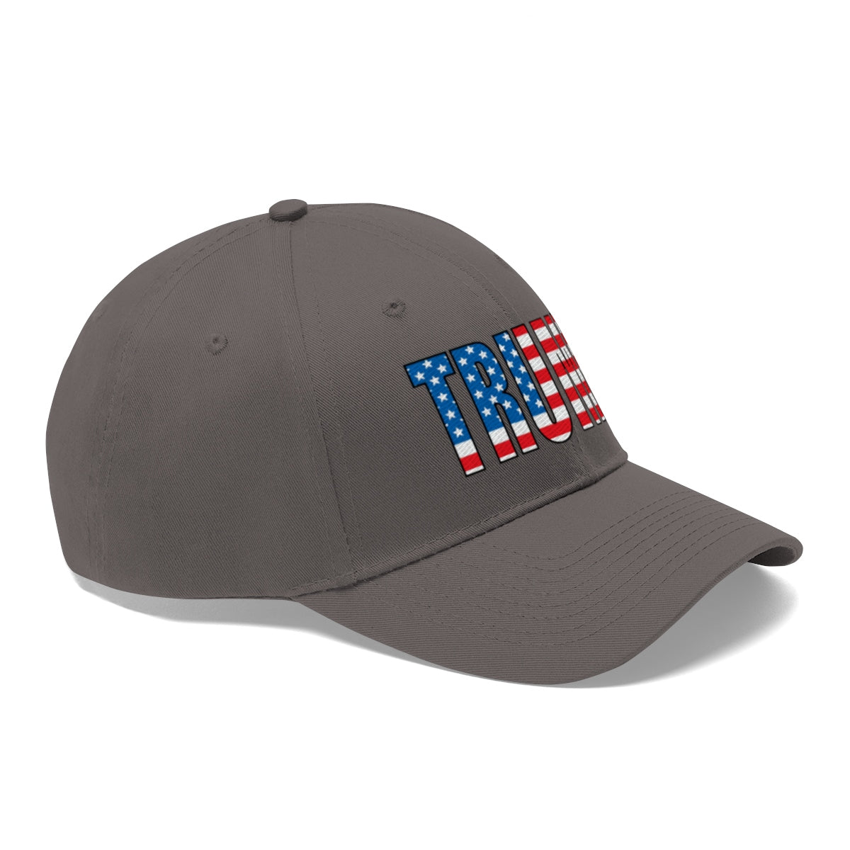 American Flag Twill Cap Patriotic Trump Classic Cap featuring a gray dad hat with 'TRUMP' in stars and stripes design.
