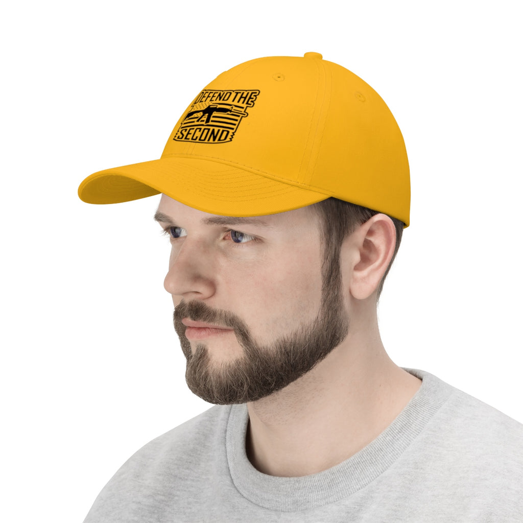 Defend the Second Patriotic Twill Cap worn by a man in a yellow cap, showcasing Second Amendment rights.