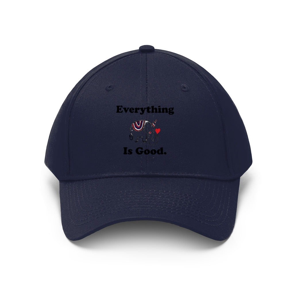 Everything Is Good With GOP Elephant Symbol Twill Cap featuring a stylish design and bold graphics on a navy background.
