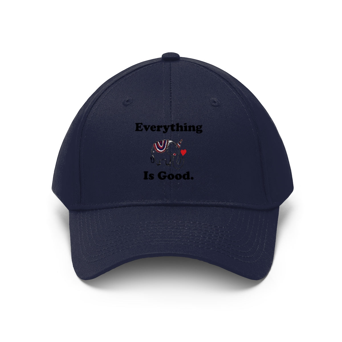 Everything Is Good With GOP Elephant Symbol Twill Cap featuring a stylish design and bold graphics on a navy background.