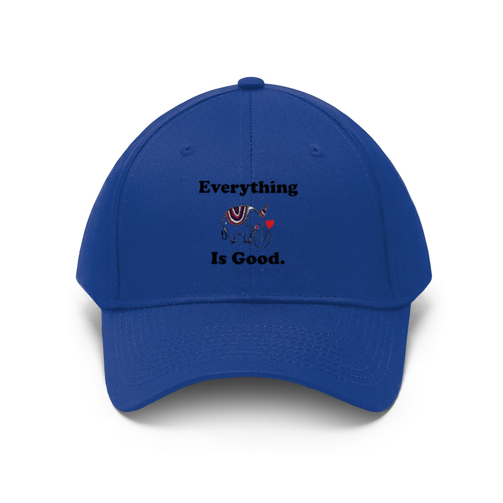 Everything Is Good With GOP Elephant Symbol Twill Cap featuring the Republican elephant design on a blue background.