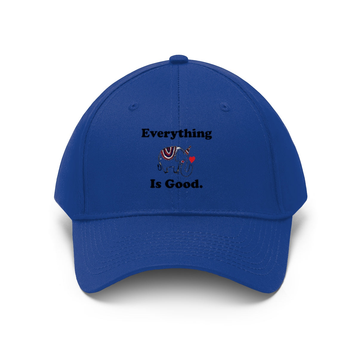 Everything Is Good With GOP Elephant Symbol Twill Cap featuring the Republican elephant design on a blue background.