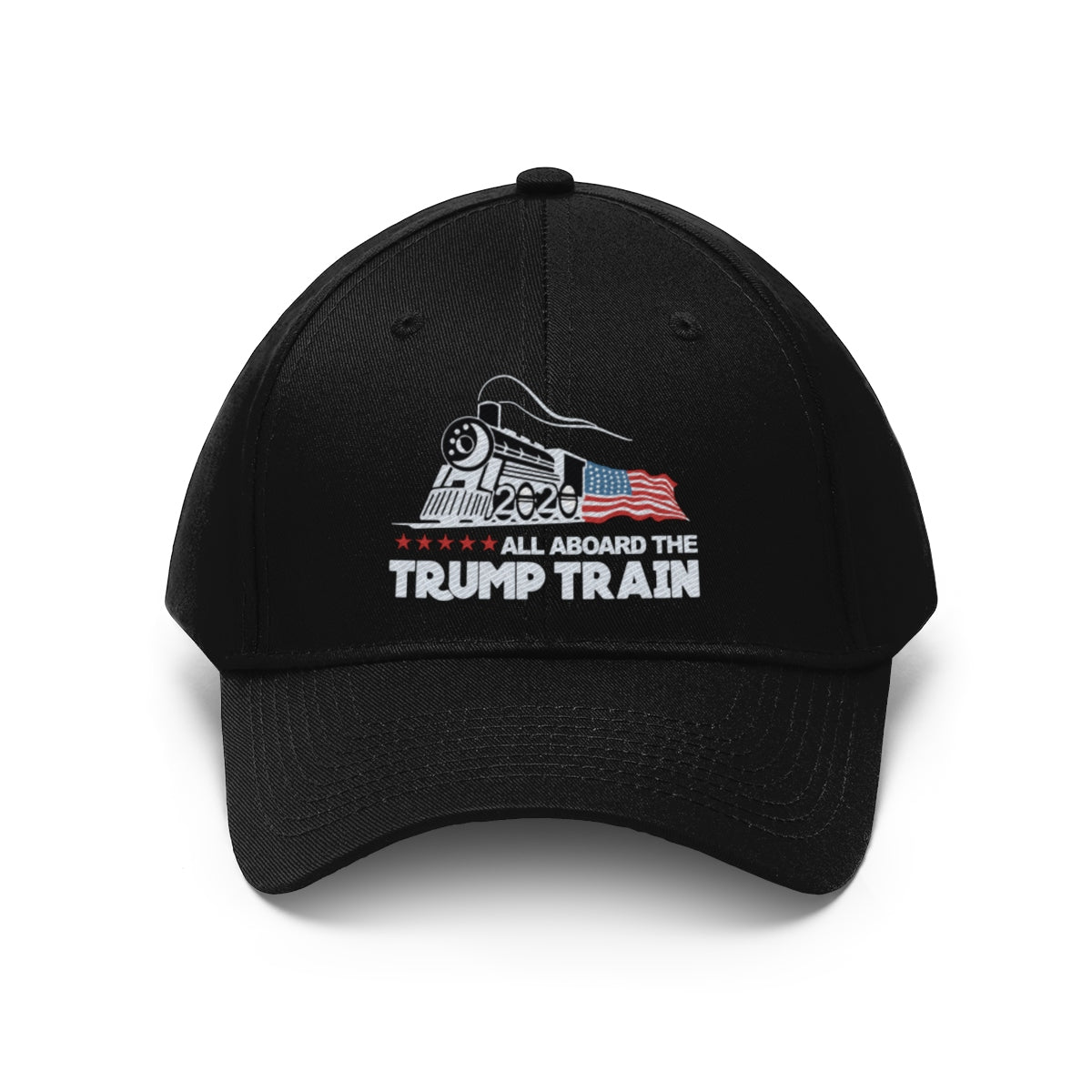 All Aboard The Trump Train 2020 Twill Cap featuring a train graphic and patriotic design.