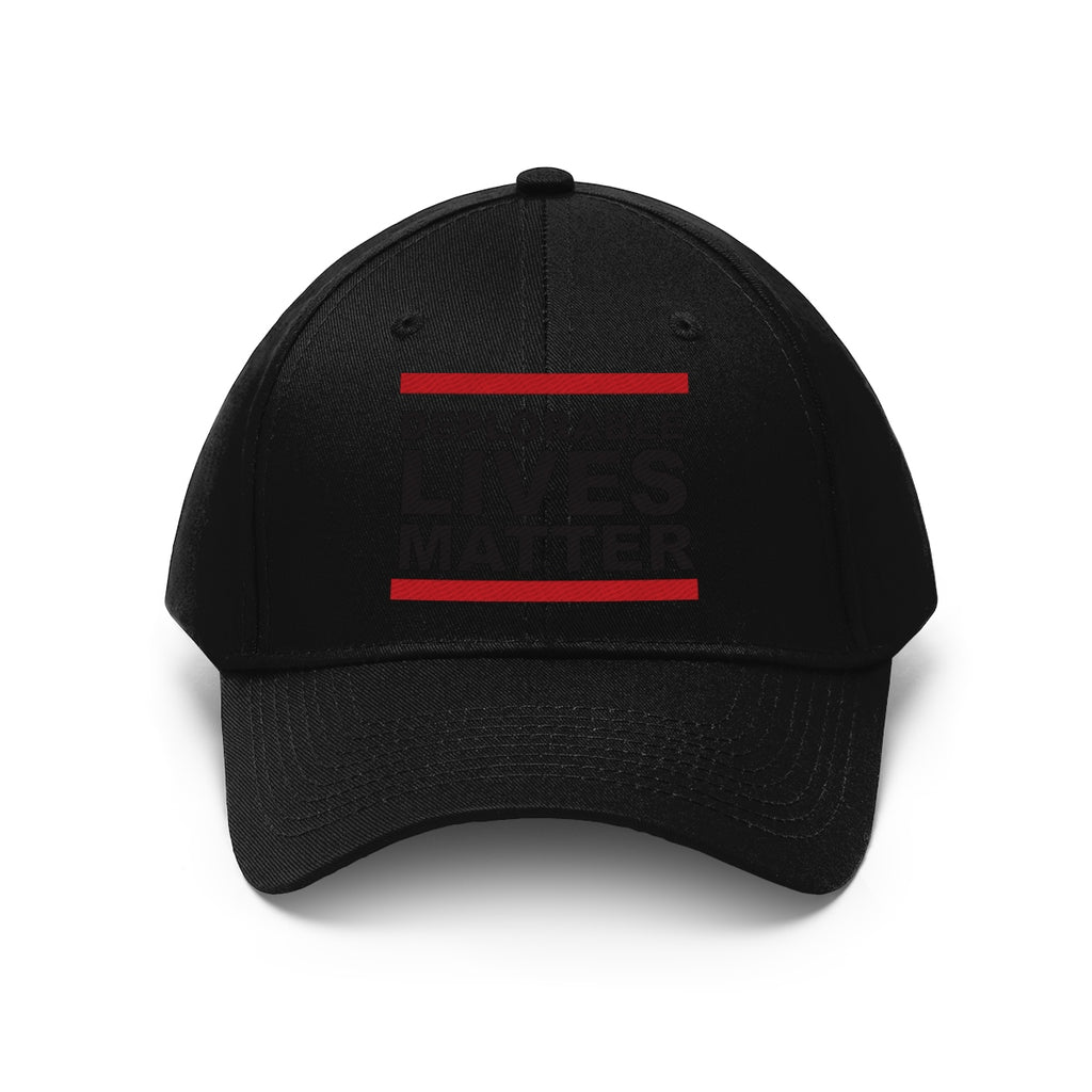 Deplorable Lives Matter Twill Cap in black with bold red stripes for expressing political values and support at rallies.
