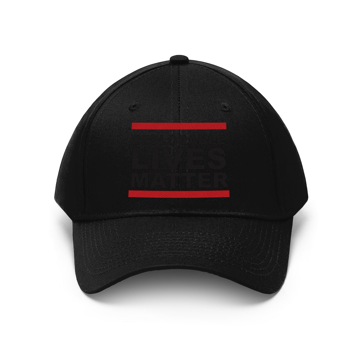 Deplorable Lives Matter Twill Cap in black with bold red stripes for expressing political values and support at rallies.