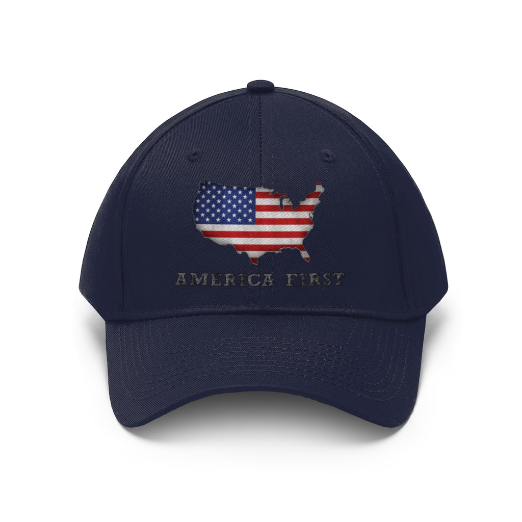 America First Twill Cap Bold USA Pride Casual Cap featuring a patriotic design with the USA map and American flag.