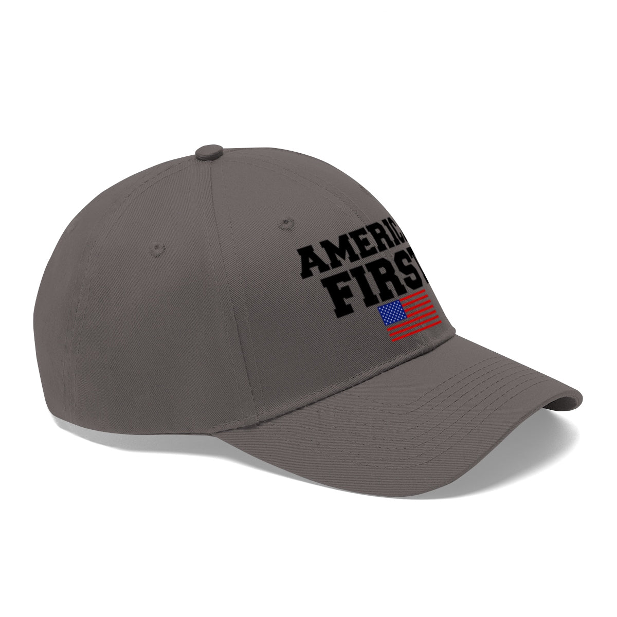 America First Patriotic Twill Cap featuring bold text and American flag design on a gray hat.
