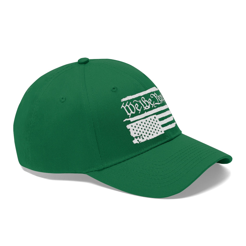 We The People On Distressed American Flag Twill Cap in green, showcasing bold patriotic design for passionate advocates.