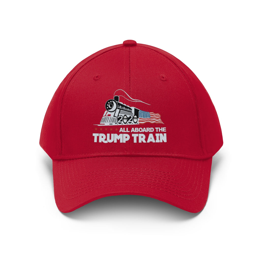 All Aboard The Trump Train 2020 Twill Cap in red featuring a train design and bold lettering.
