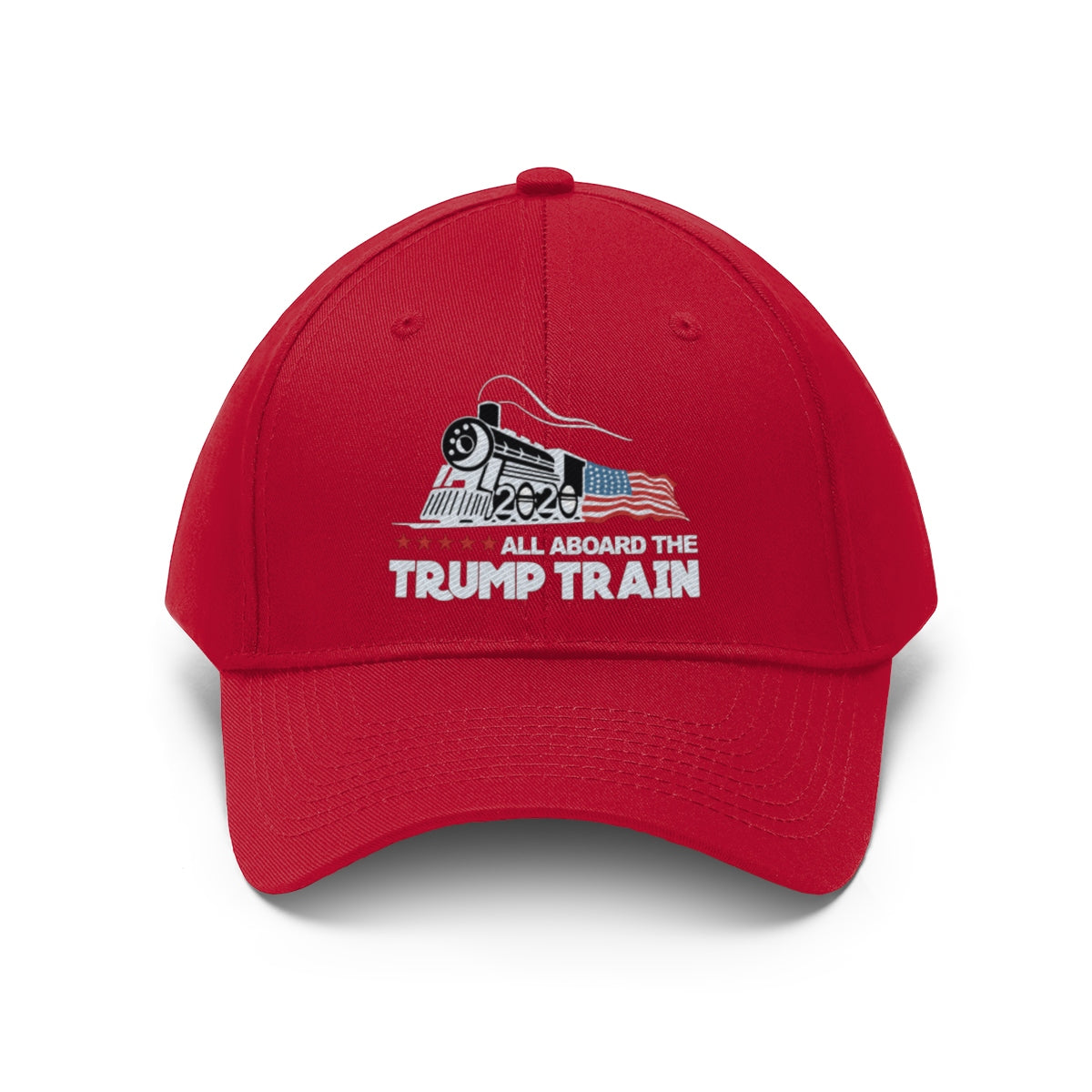 All Aboard The Trump Train 2020 Twill Cap in red featuring a train design and bold lettering.