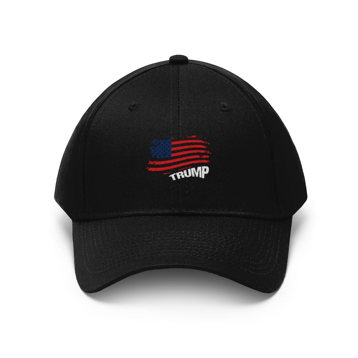 American Flag Twill Cap Trump Bold Supporter Cap showing a black hat with an American flag design and 'TRUMP' text.