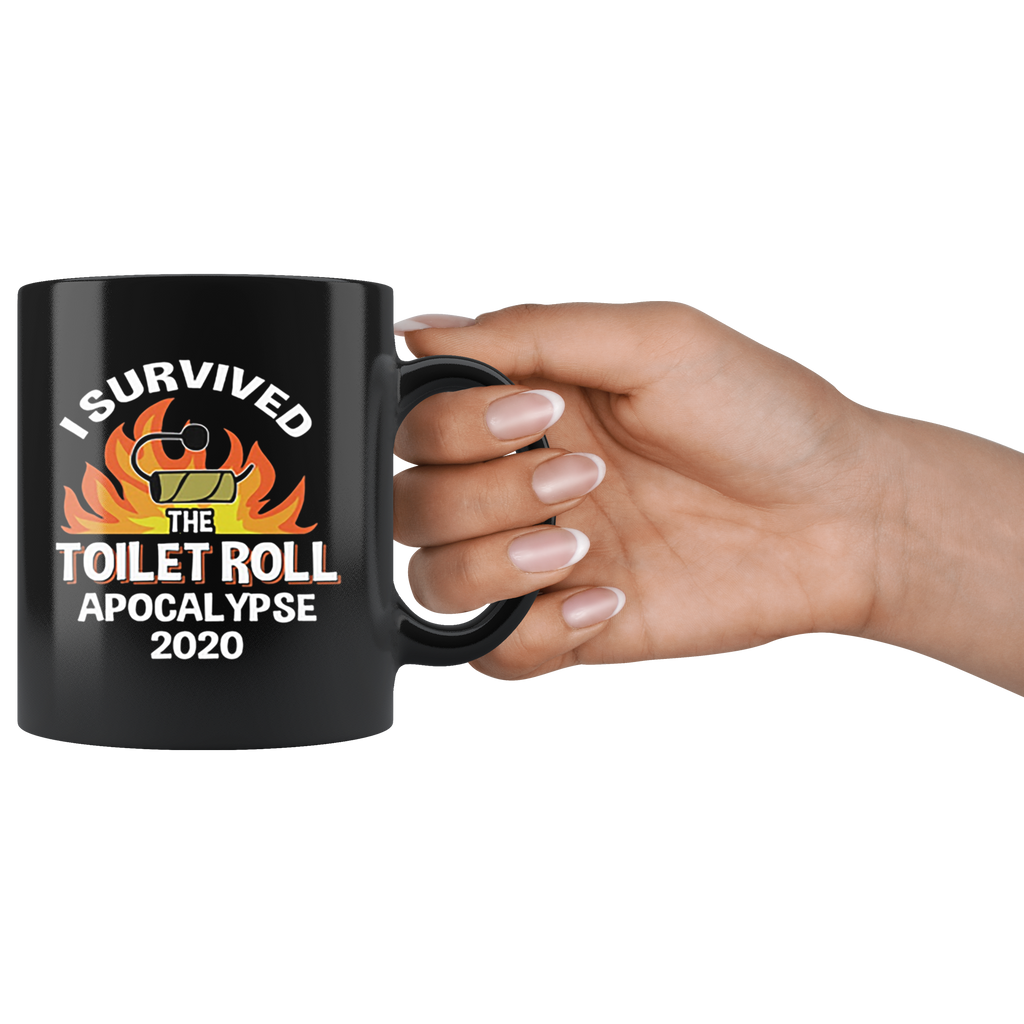 Hand holding a black ceramic mug with 'I Survived the Toilet Roll Apocalypse 2020 Cap' text.