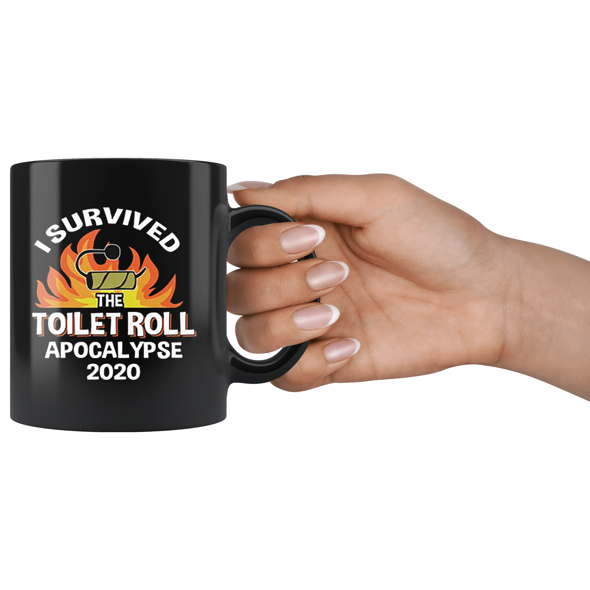 Hand holding a black ceramic mug with 'I Survived the Toilet Roll Apocalypse 2020 Cap' text.
