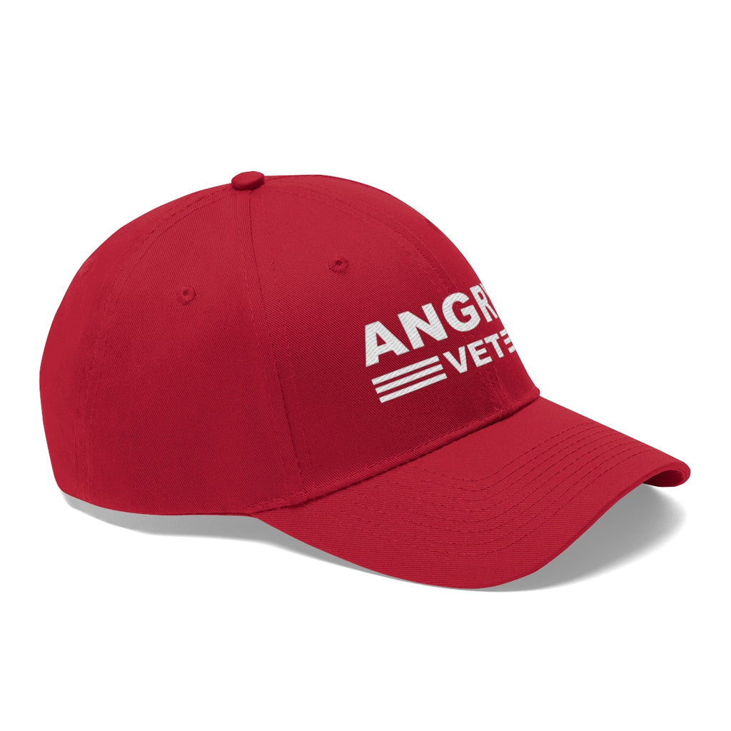 Angry Vet Twill Cap Veteran Pride Graphic Hat in red with white lettering, showcasing bold veteran pride.