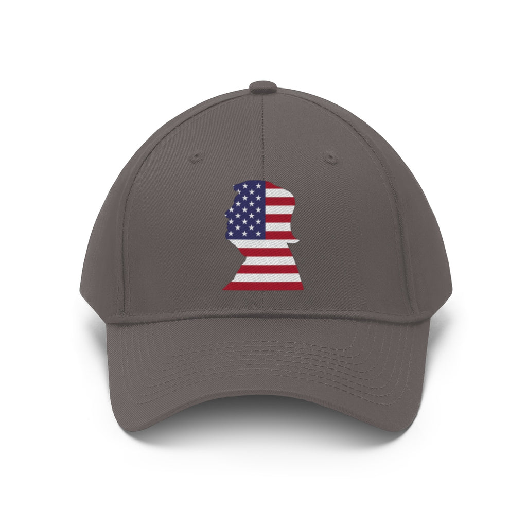 Trump American Flag SilhouetteTwill Cap featuring a silhouette of Trump with an American flag design.