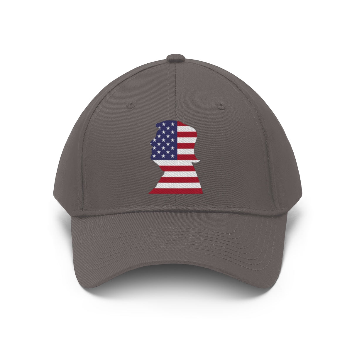 Trump American Flag SilhouetteTwill Cap featuring a silhouette of Trump with an American flag design.