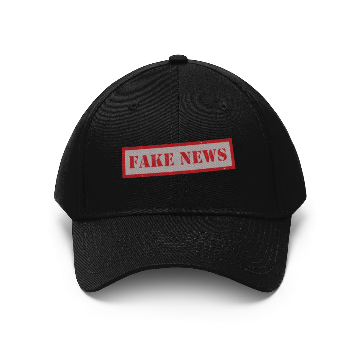 Classic Fake News Twill Baseball Cap featuring a bold 'FAKE NEWS' graphic design on a black twill fabric.