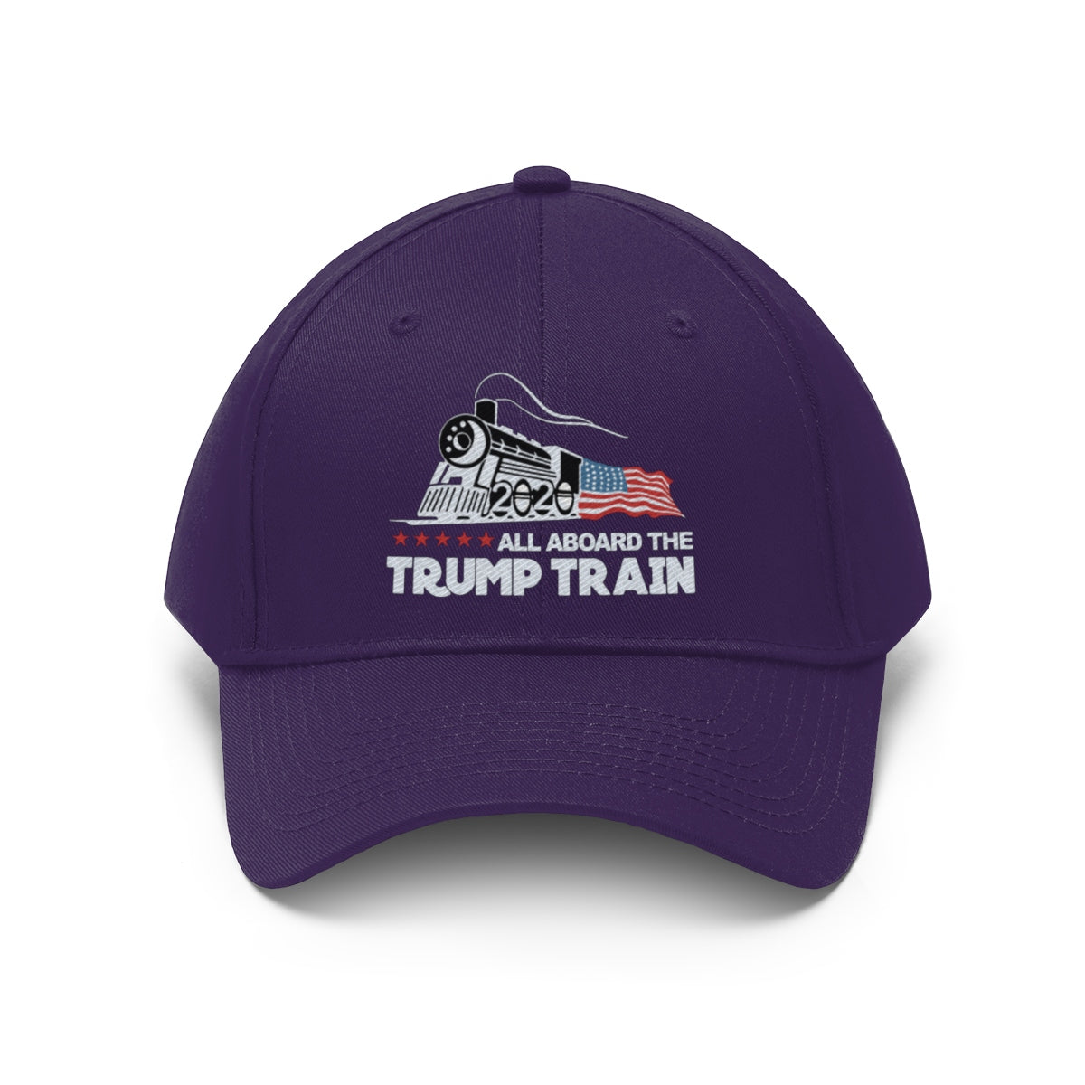 All Aboard The Trump Train 2020 Twill Cap featuring a graphic of a train and American flag.