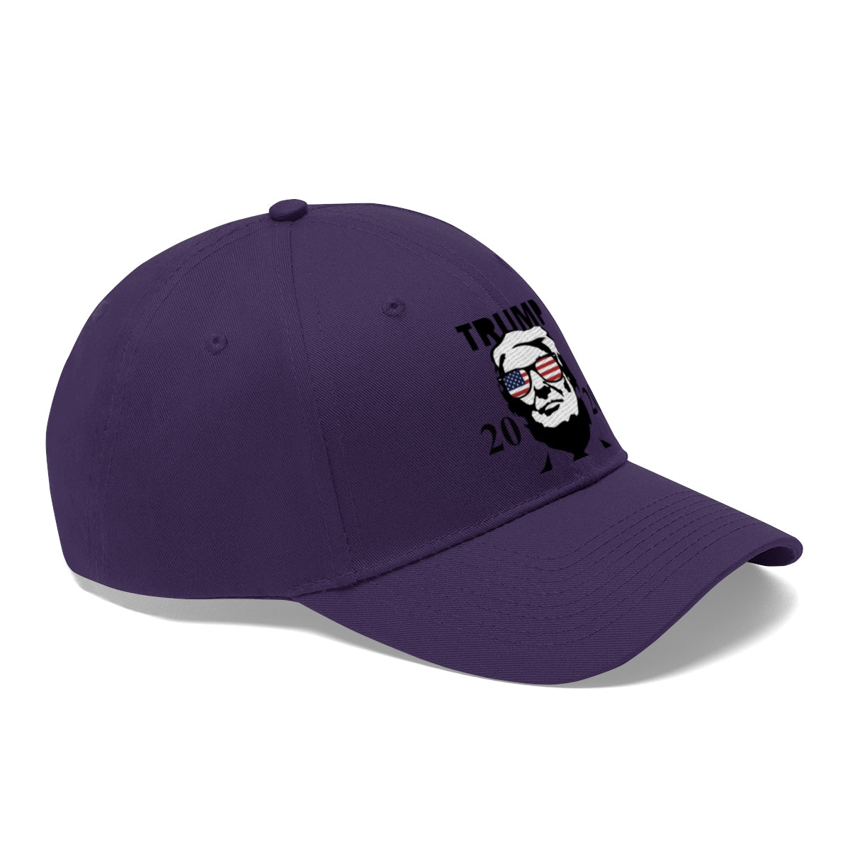 Trump 2020 With US Flag Glasses Twill Cap featuring a bold design and vibrant colors on a stylish cap.