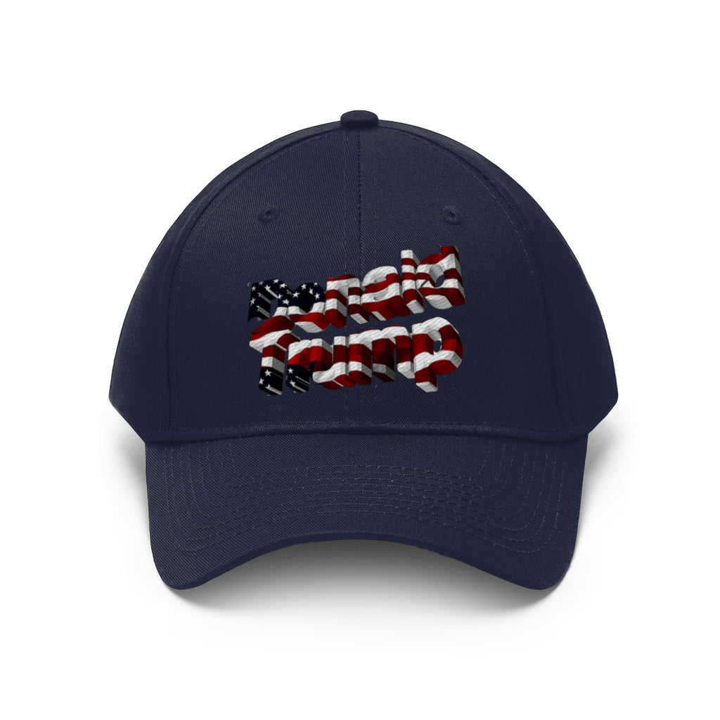 Donald Trump With American Flag Colors Twill Cap featuring a patriotic design and vibrant red, white, and blue colors.