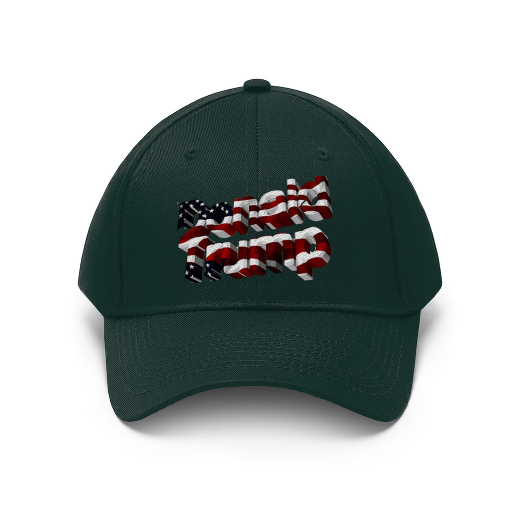 Donald Trump With American Flag Colors Twill Cap featuring a vibrant design in red, white, and blue.