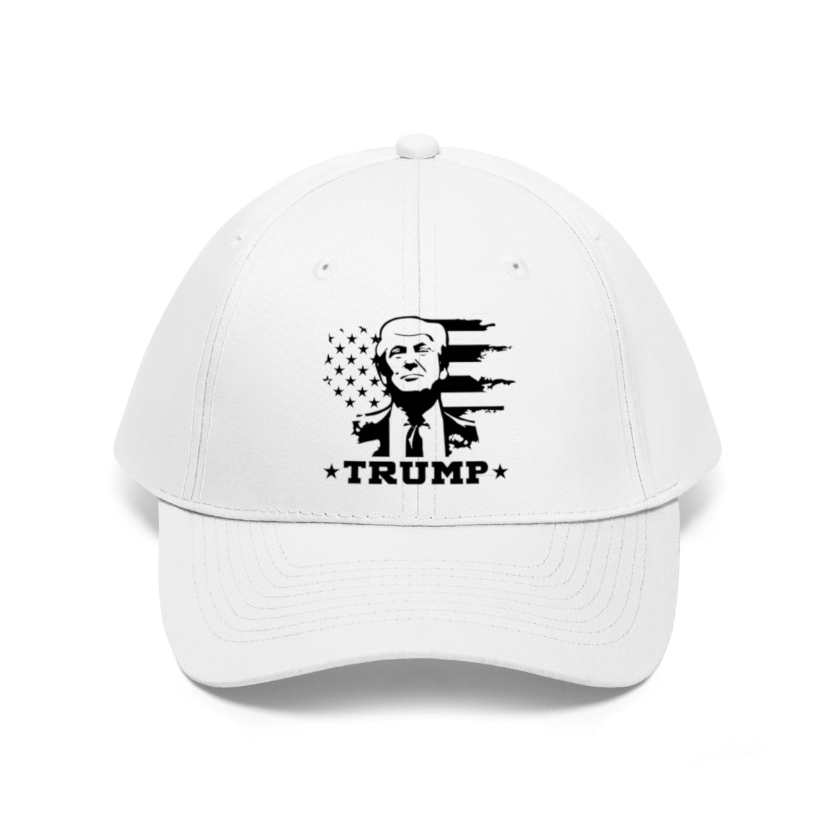 Black White Flag Baseball Cap Featuring Trump 2020 with an American flag design and Trump graphic.