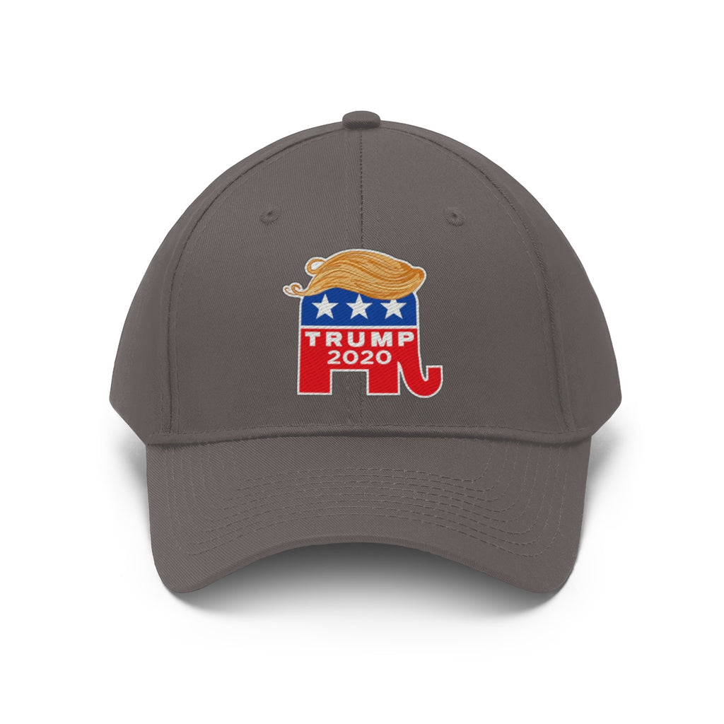 Hair 2020 Twill Baseball Cap Featuring Trump with a political design and signature color scheme.