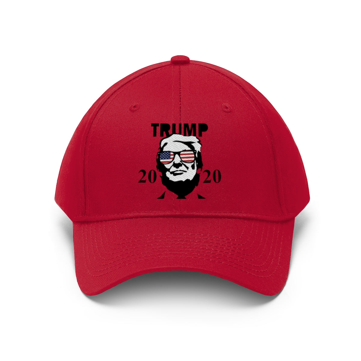 Trump 2020 With US Flag Glasses Twill Cap featuring a red cap with a bold Trump design.
