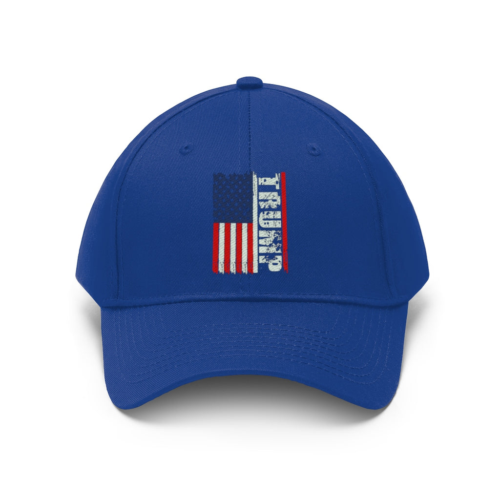 Trump On Verticle Distressed American Flag Twill Cap featuring an American flag design on a blue background.