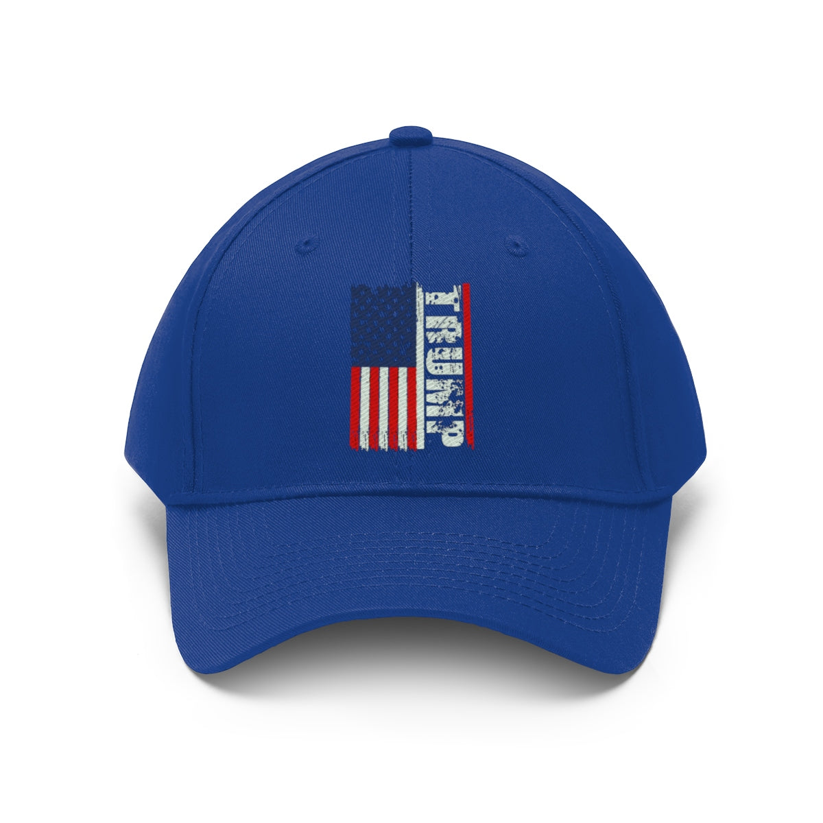 Trump On Verticle Distressed American Flag Twill Cap featuring an American flag design on a blue background.