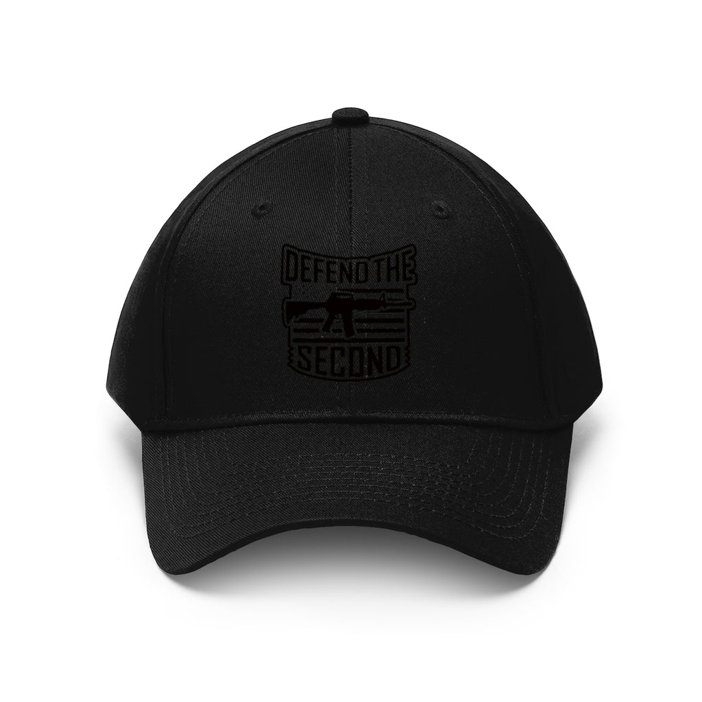Defend the Second Patriotic Twill Cap featuring bold text and a classic black design.