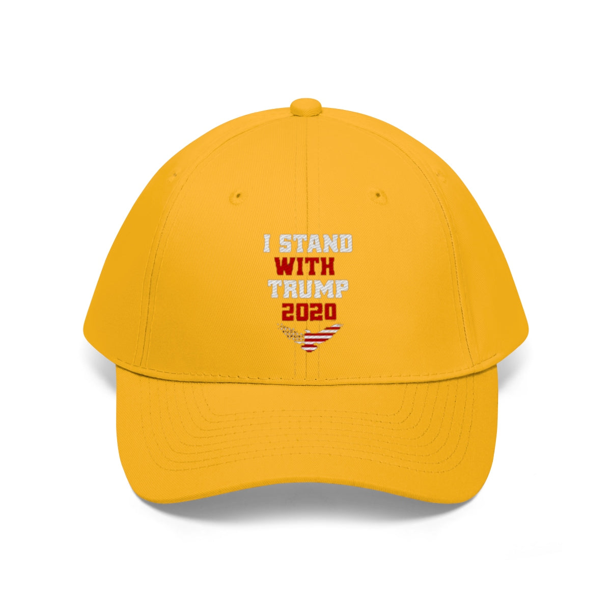 I Stand With Trump 2020 Twill Cap in bright yellow color showcasing bold text.