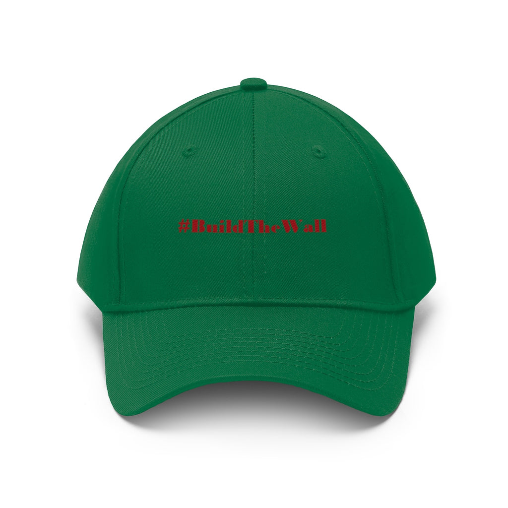 Build The Wall Embroidered Cotton Twill Cap in green featuring #BuildTheWall in bold red lettering.