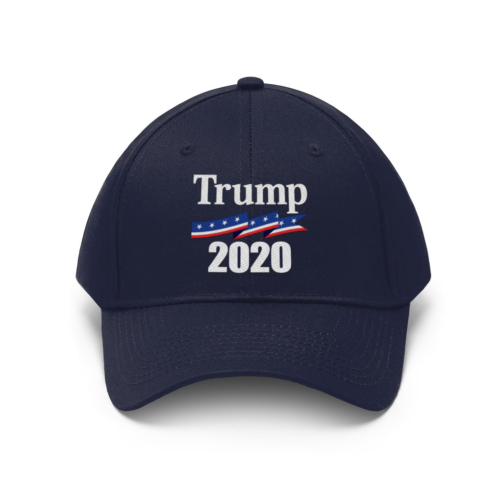 Patriotic 2020 Twill Cap for Trump in navy with logo and campaign design.