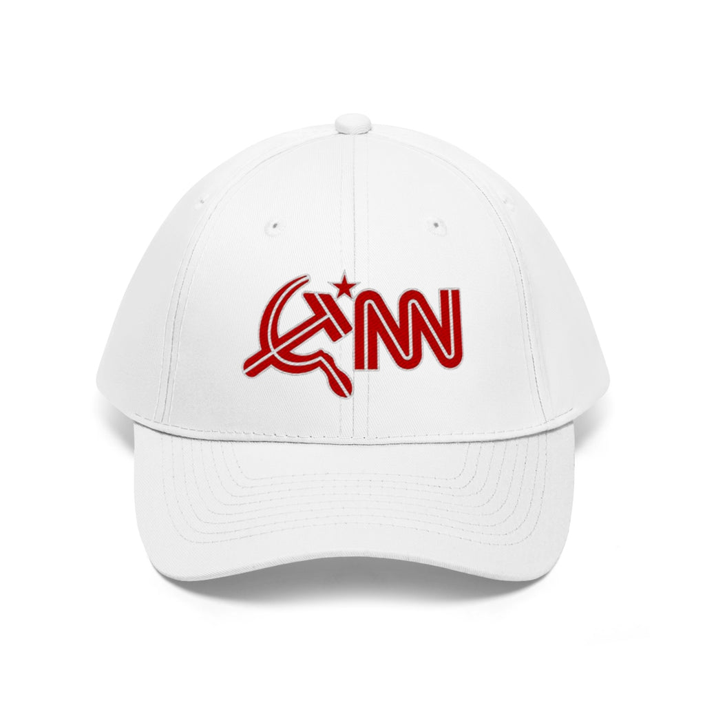 CNN Logo as Hammer and Sickle Twill Cap displayed on a white cap, showcasing bold political expression.