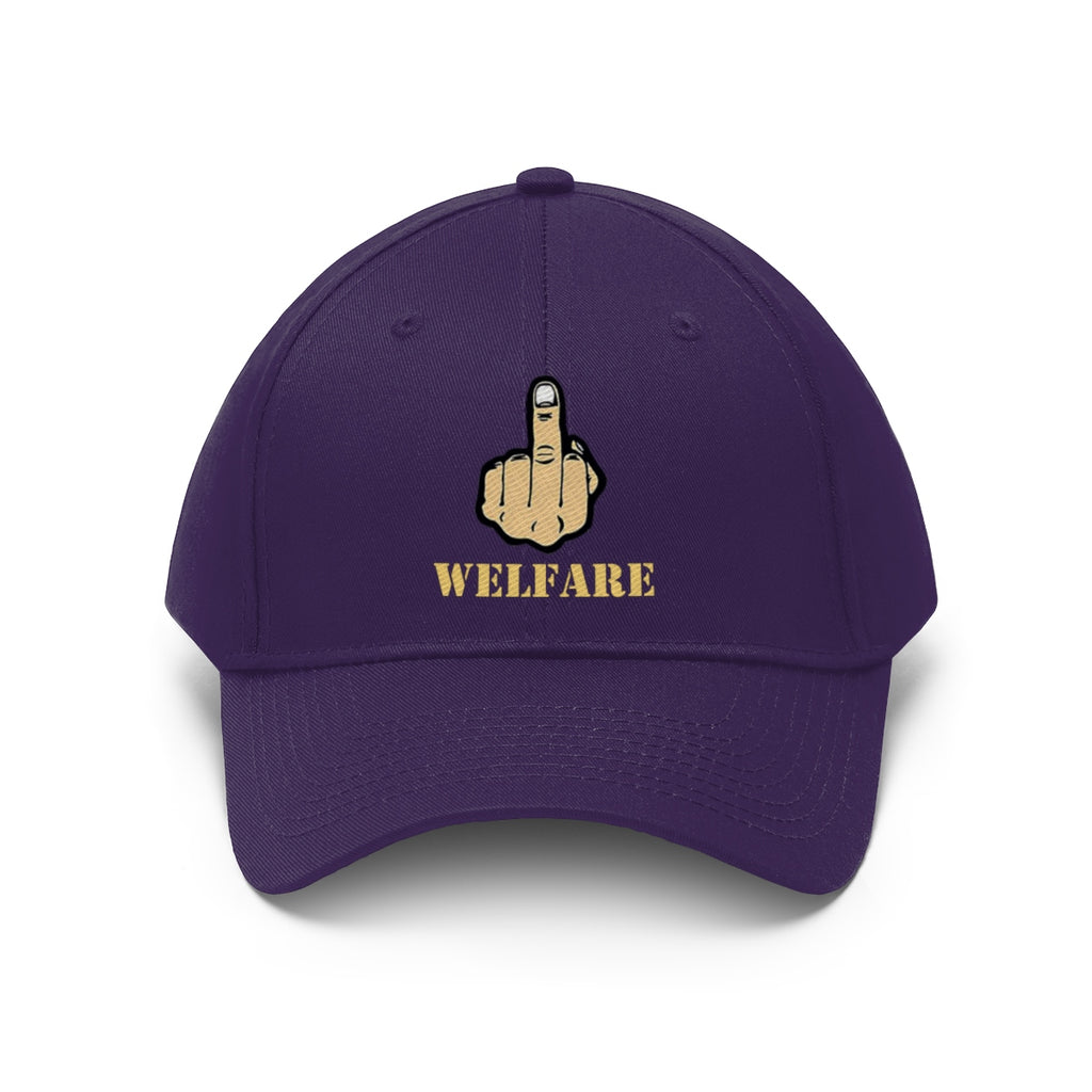 Vintage Fuck Welfare Cotton Twill Cap Design featuring a provocative graphic and bold text.