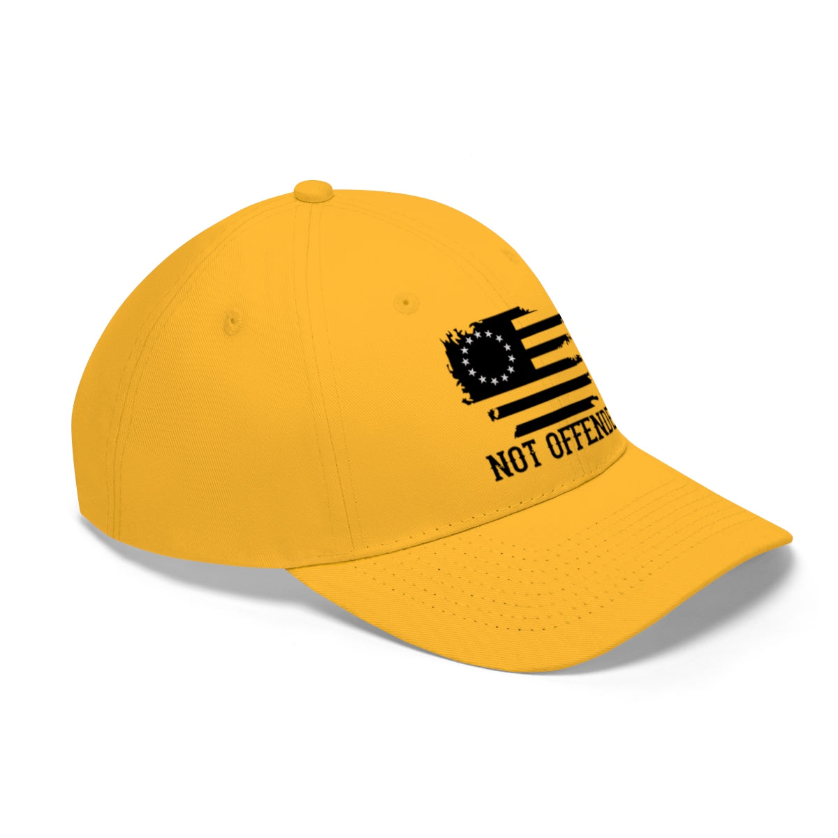 Embroidered Not Offended Casual Twill Hat in yellow with flag design and bold lettering.