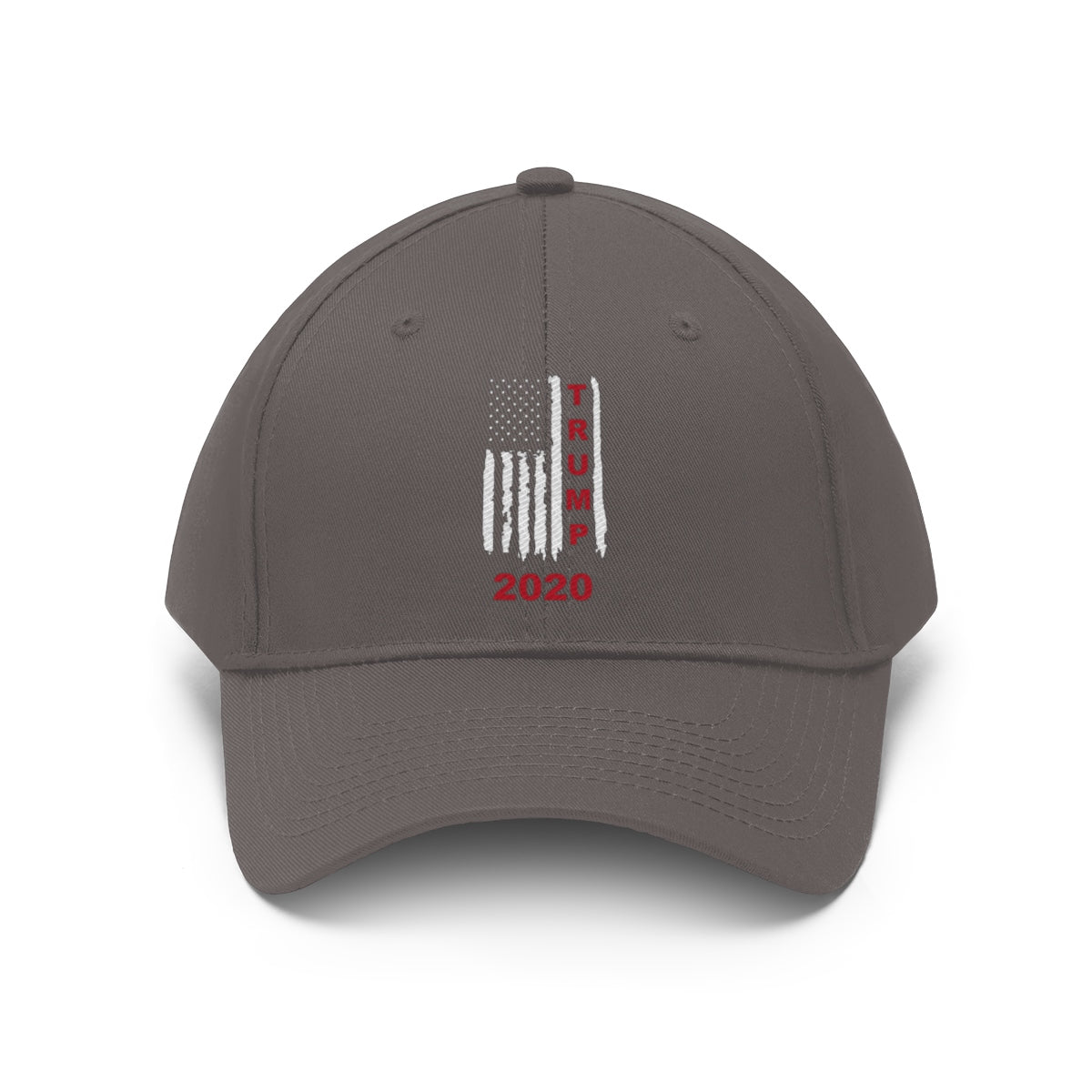 Trump 2020 Red On Distressed American Flag Twill Cap with grey base and embroidered design