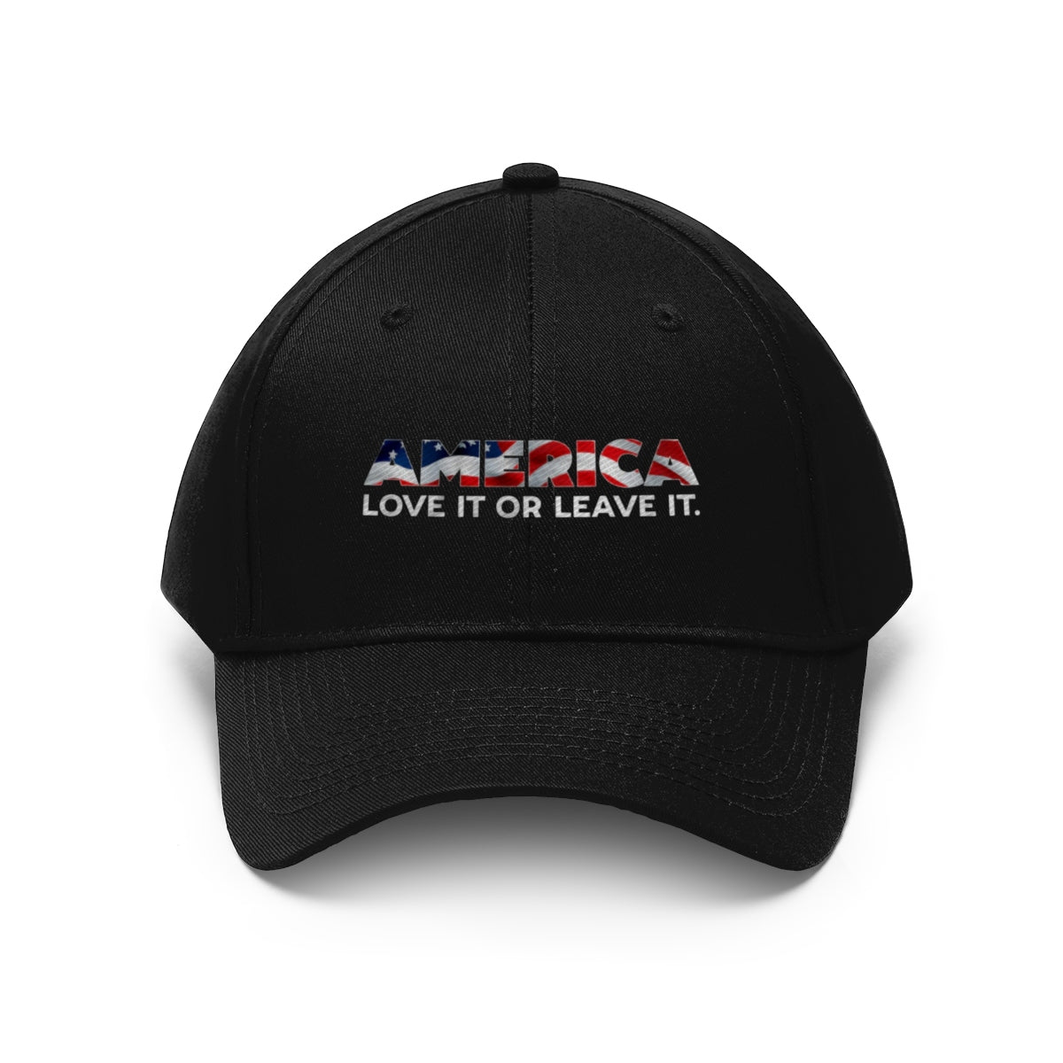 America Love It Or Leave It Twill Baseball Cap featuring a bold patriotic design.