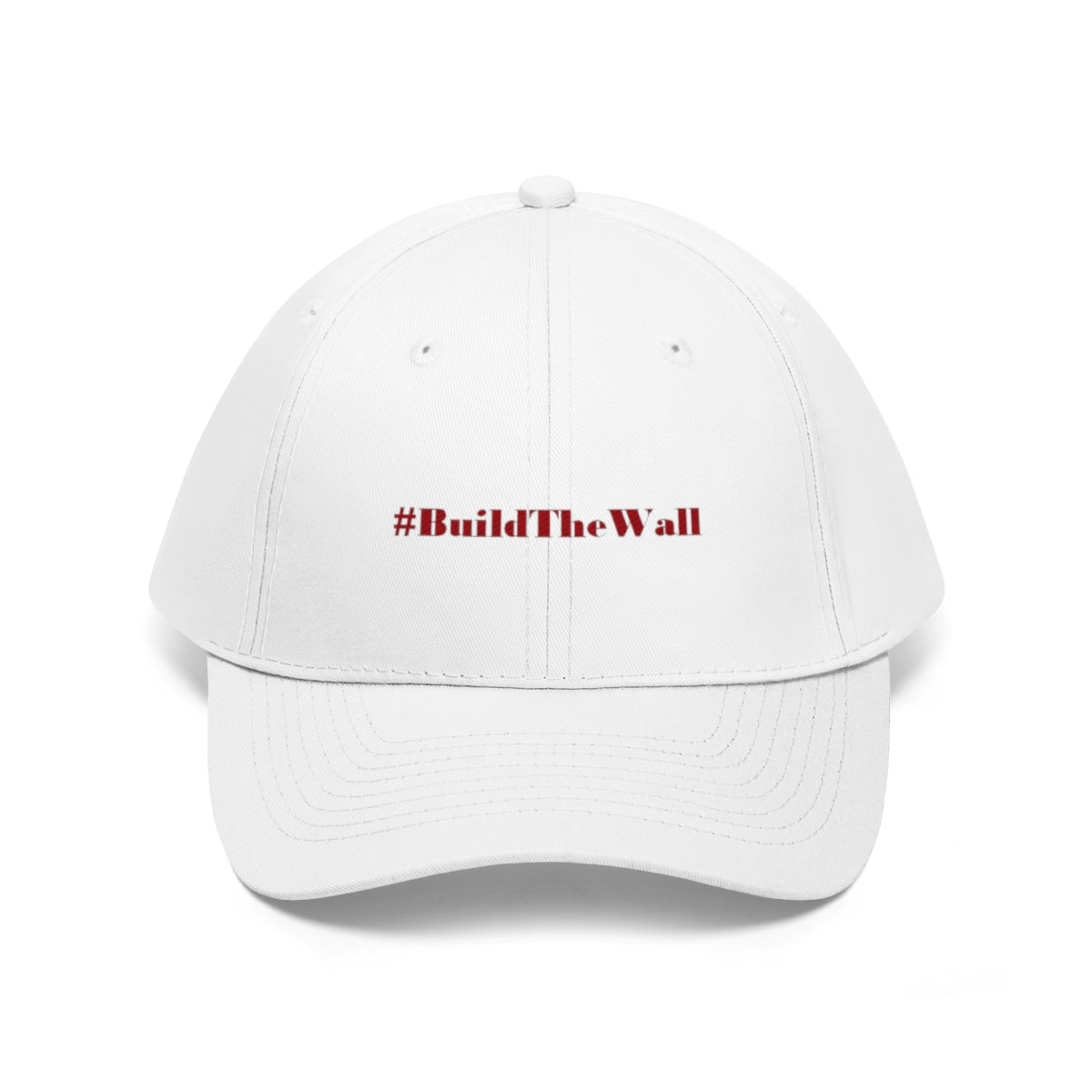 Build The Wall Embroidered Cotton Twill Cap featuring #BuildTheWall slogan on a white cap.