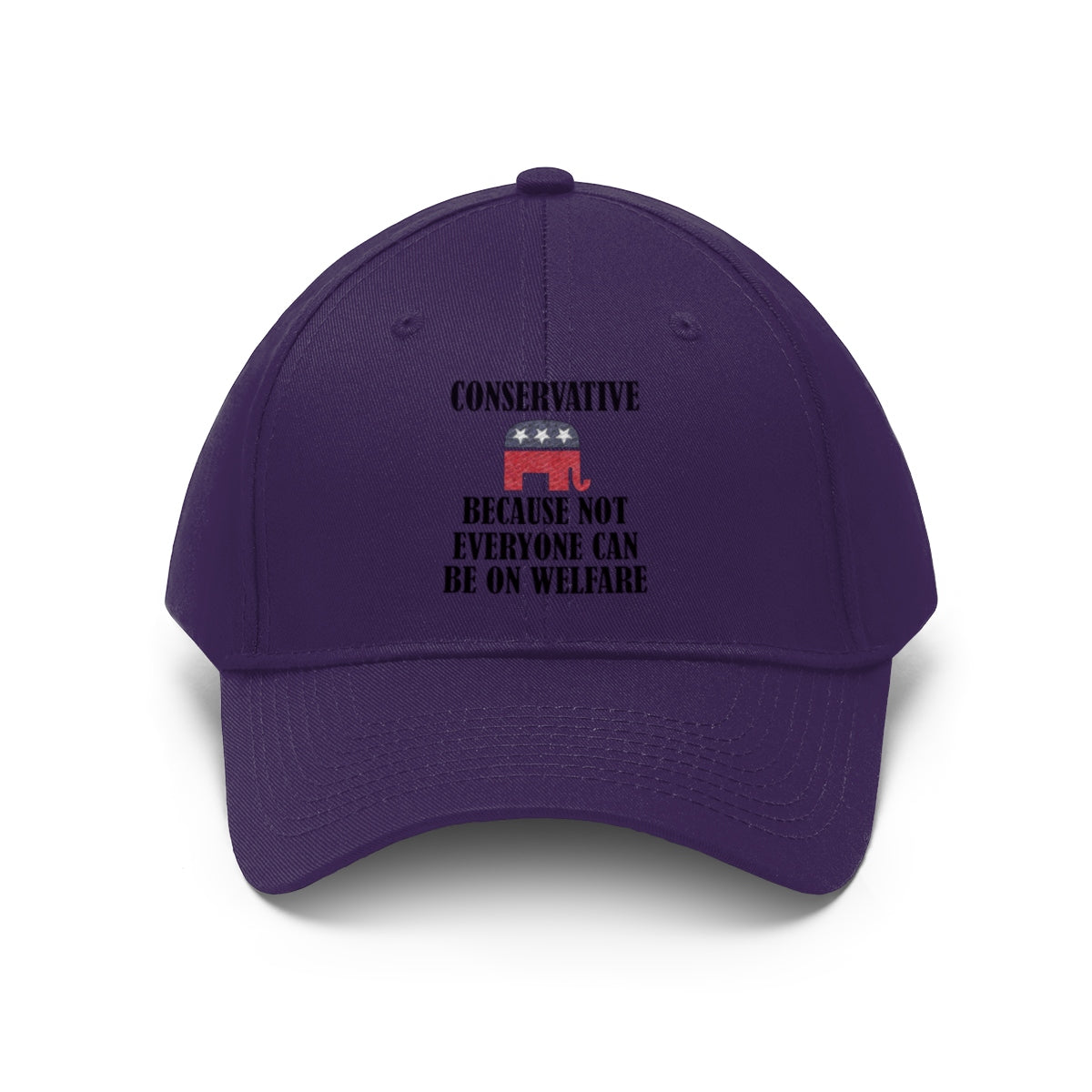 Conservative Values Twill Cap Design featuring a bold statement against welfare with a purple background.