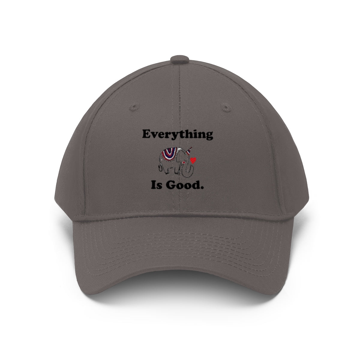 Everything Is Good With GOP Elephant Symbol Twill Cap featuring a stylized elephant design on a gray baseball cap.
