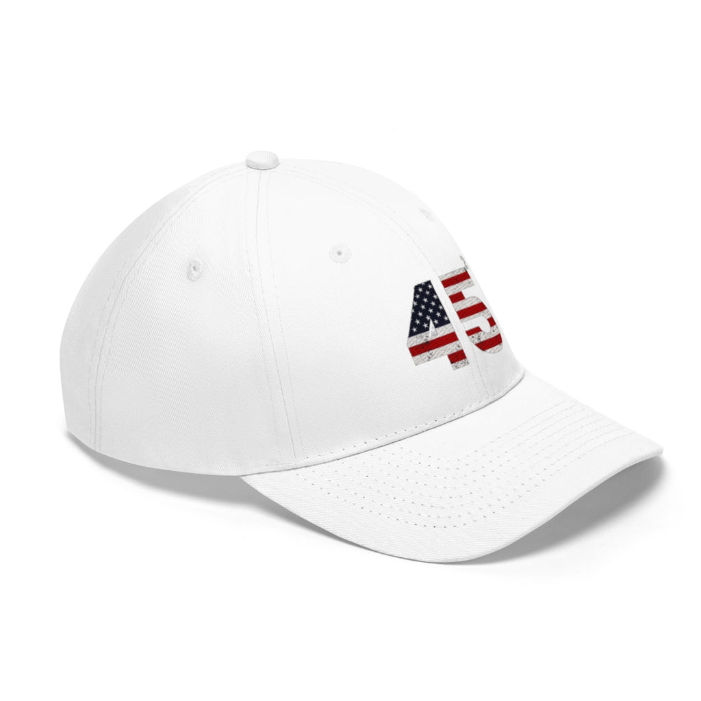 45 Squared Twill Cap Bold Numeric Statement Hat in white with American flag design on the front.