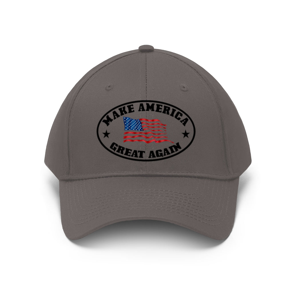 Make America Great Again US Flag Twill Cap featuring an American flag design and a classic campaign message.