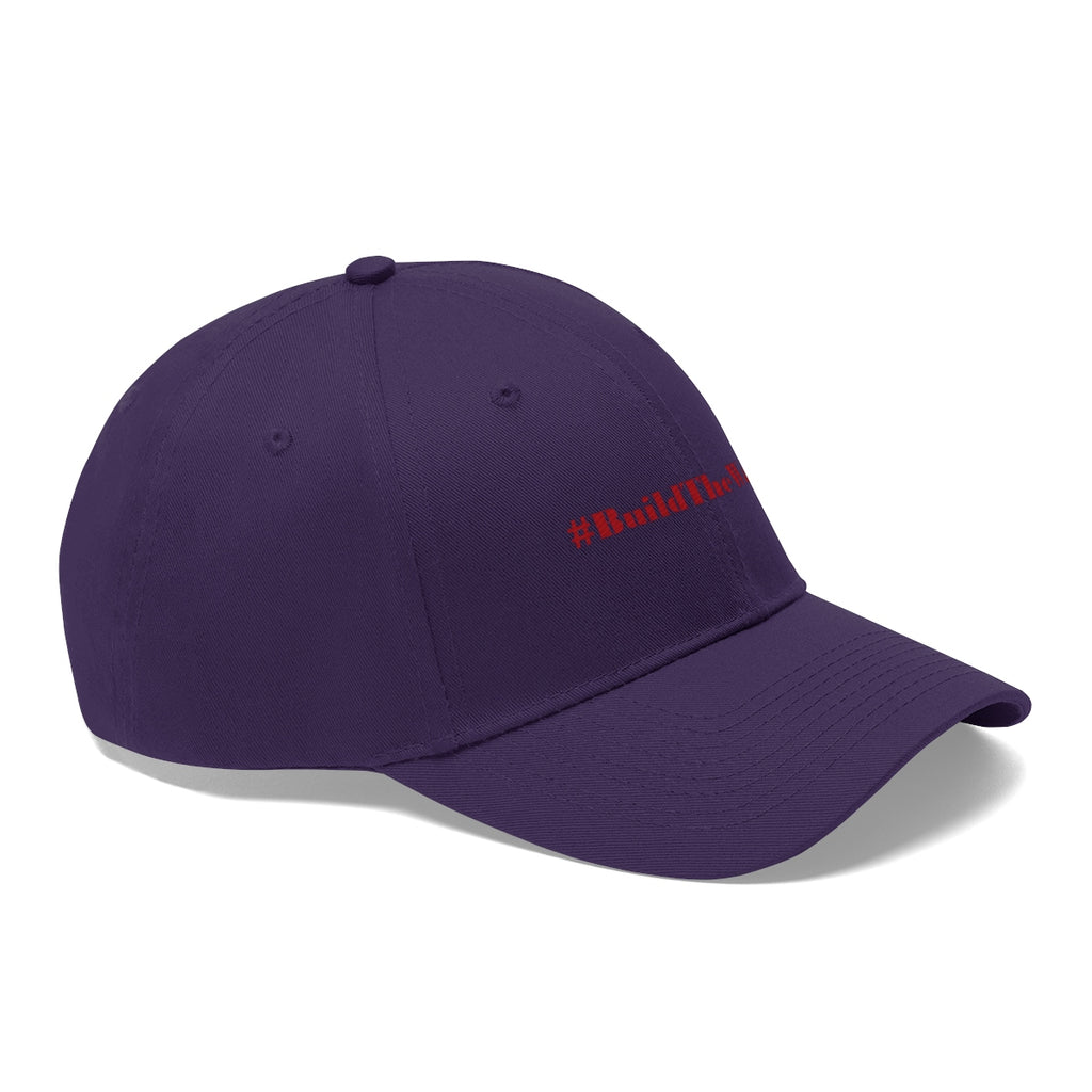 Build The Wall Embroidered Cotton Twill Cap in purple with red hashtag design.