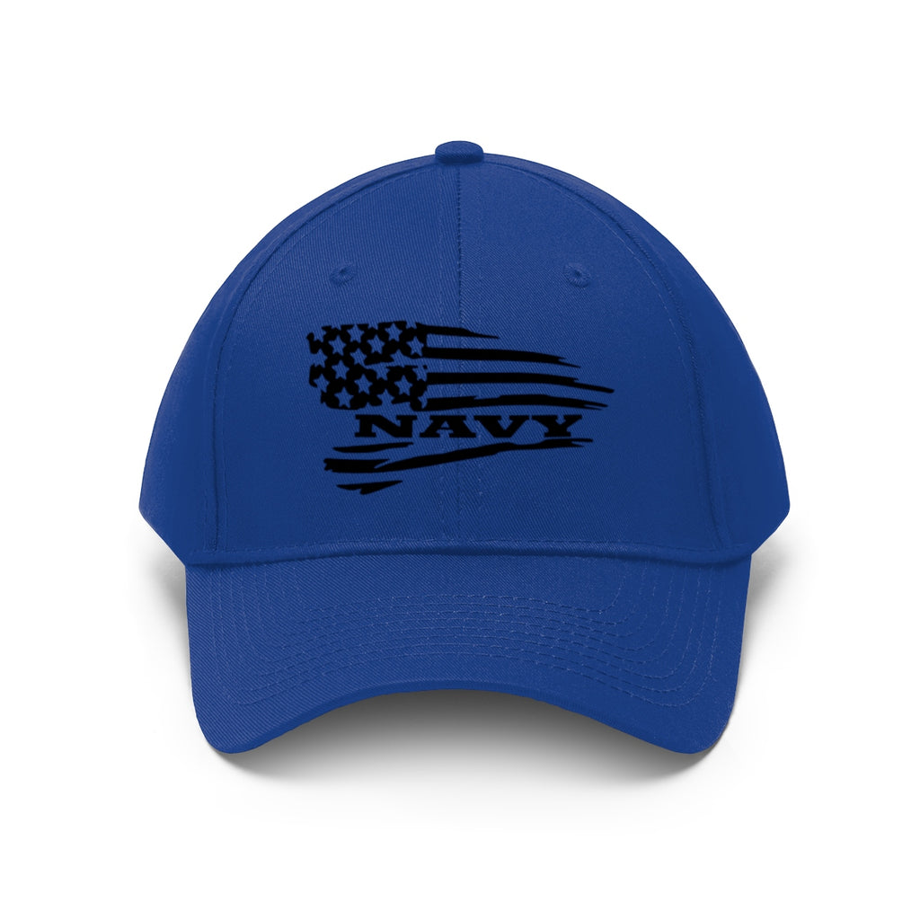 Navy On Distressed American Flag Twill Cap showing a blue hat with a distressed American flag and navy text.