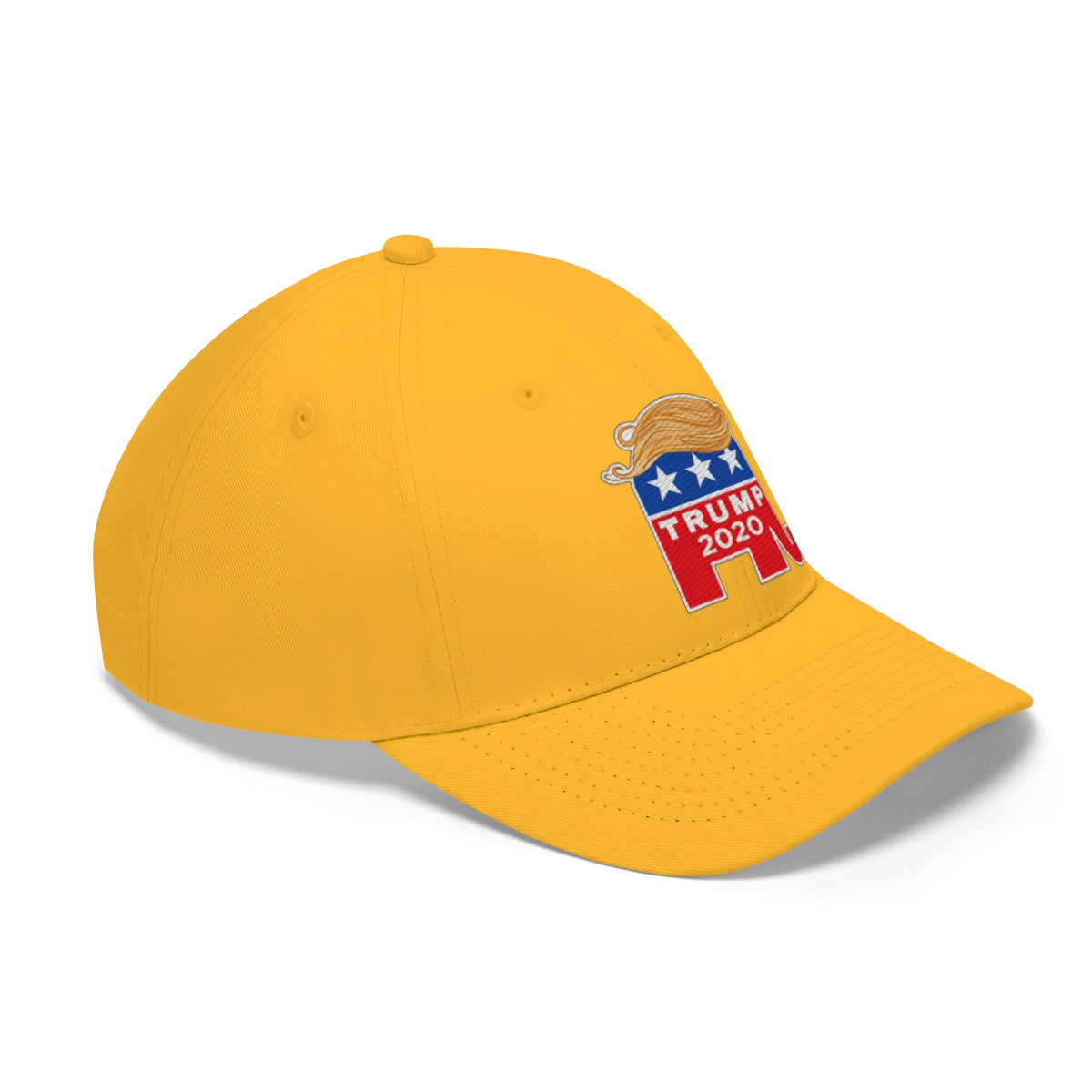 Hair 2020 Twill Baseball Cap Featuring Trump in vibrant yellow with bold design.