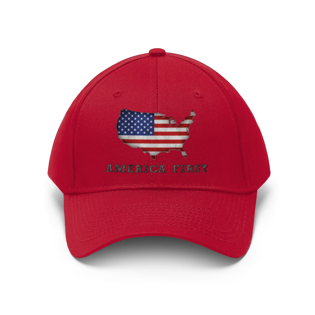 America First Twill Cap Bold USA Pride Casual Cap featuring a red design and USA flag graphics.