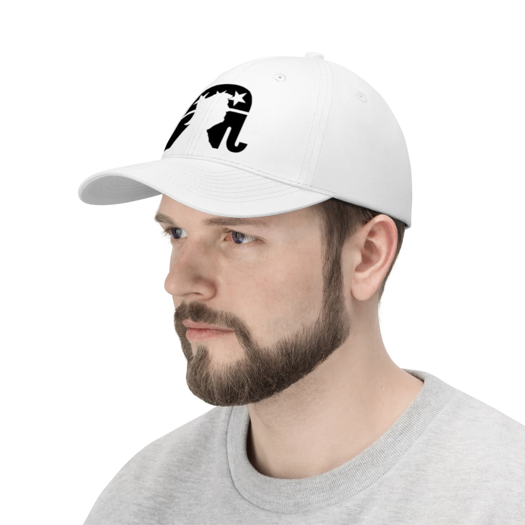 Trump Silhouette On GOP Symbol Twill Cap worn by a man in a light gray sweatshirt.
