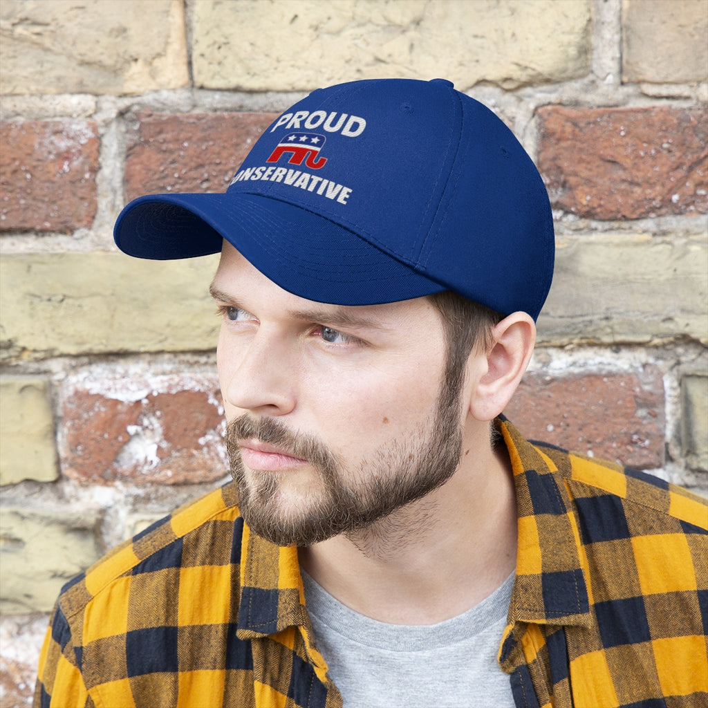 Man wearing a Classic Proud Conservative Twill Baseball Cap in front of a stone wall.